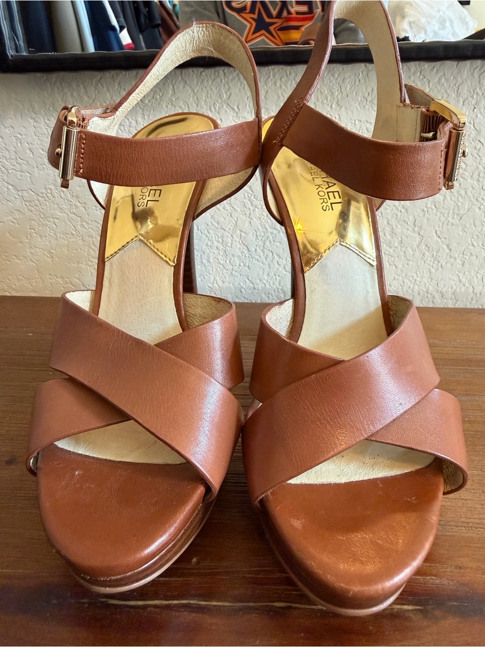 Michael Kors Cognac Leather Crisscross Ankle Strap Heels
